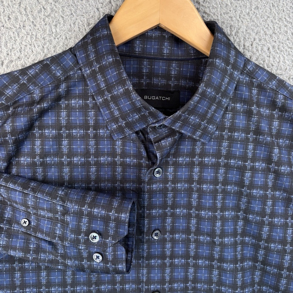 Bugatchi Shirt Mens Large Black Blue 8 Way Stretch Button Up Stretch Casual